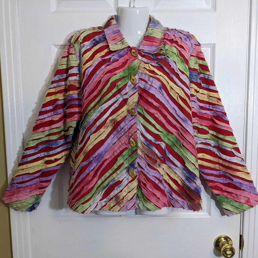 Keren Hart Vintage Multi Color Raw Strips Button Front Tie Dyed Jacket - M
